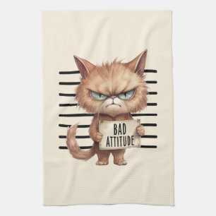 Bad Attitude Cat Mugshot – Grappig katachtig ontwe Theedoek