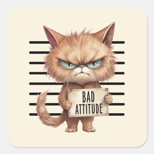 Bad Attitude Cat Mugshot – Grappig katachtig ontwe Vierkante Sticker (Voorkant)