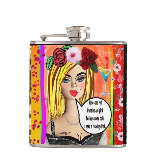 BAD GIRL FLASK-Rozen zijn rood, violetten zijn roz Heupfles (Voorkant)