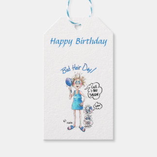 Bad Hair Day, blauwe jurk, noodlottige uitdrukking Cadeaulabel