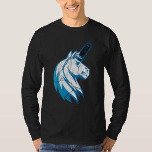 Bad Horse Unicorn met kettingzaag en blauwe ontvla T-shirt