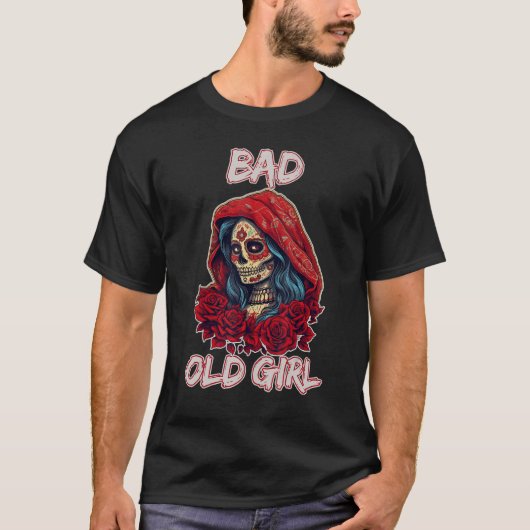Bad Old Girl Rose Skull Sarcasm Ironic Biker T-shirt (Voorkant)