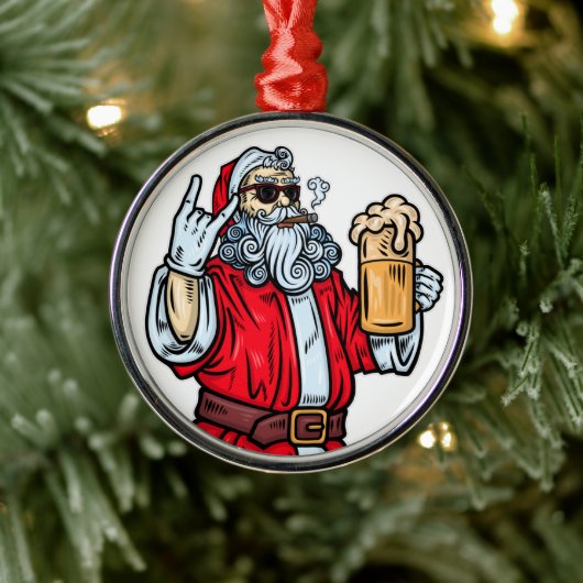 Bad Santa Claus, Rock, Beer en Cigar Metalen Ornament (Boom)