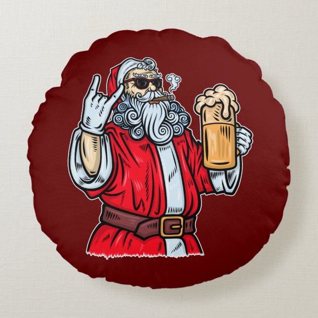Bad Santa Claus, Rock, Beer en Cigar Rond Kussen (Voorkant)