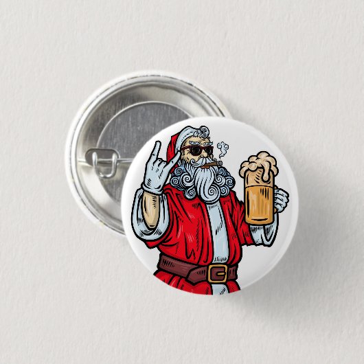 Bad Santa Claus, Rock, Beer en Cigar Ronde Button 3,2 Cm (Voorkant /achterkant)