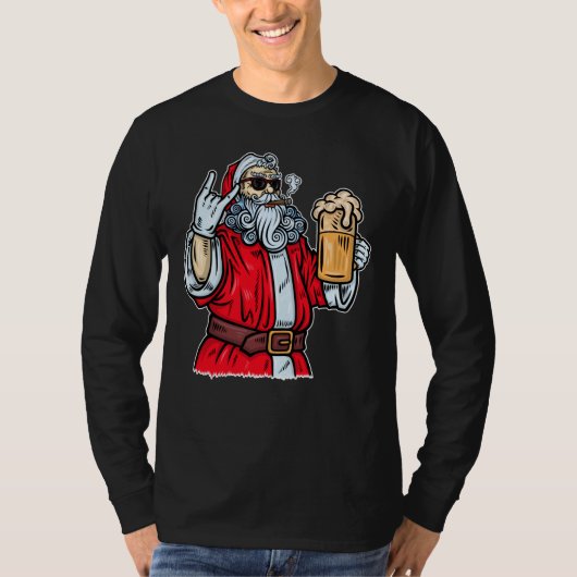 Bad Santa Claus, Rock, Beer en Cigar T-shirt (Voorkant)