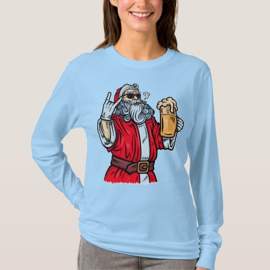 Bad Santa Claus, Rock, Beer en Cigar T-shirt (Voorkant)
