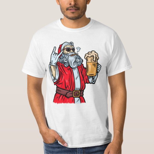 Bad Santa Claus, Rock, Beer en Cigar T-shirt (Voorkant)