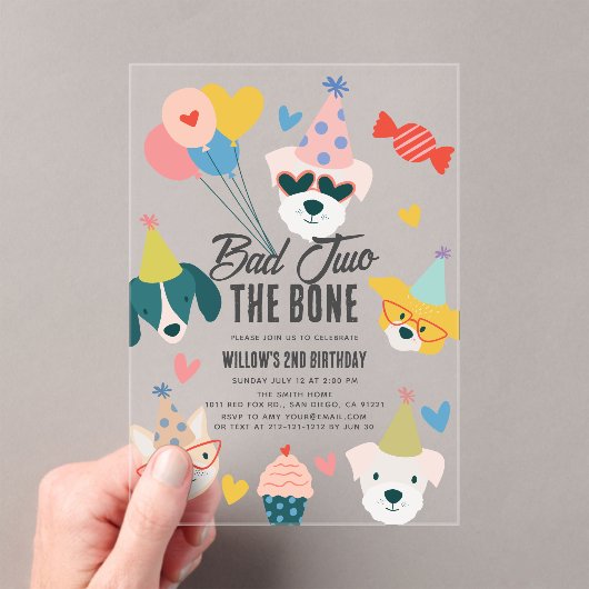 Bad Two The Bone Dogs & Cat Balloons 2e verjaardag Acryl Uitnodigingen (Insitu (Draagbaar))
