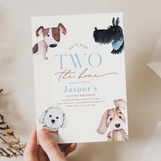 Bad TWO the Bone Puppy Birthday Invitation Kaart