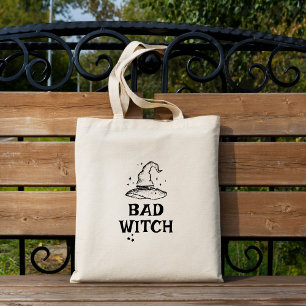 Bad Witch Black en White Stars Halloween Tote Bag