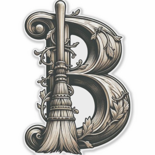 Bad Witch Witchy Broom Letter B Custom Initiaal Sticker (Voorkant)