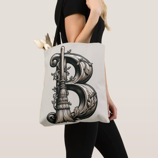 Bad Witch Witchy Broom Letter B Custom Initiaal Tote Bag (Dichtbij)