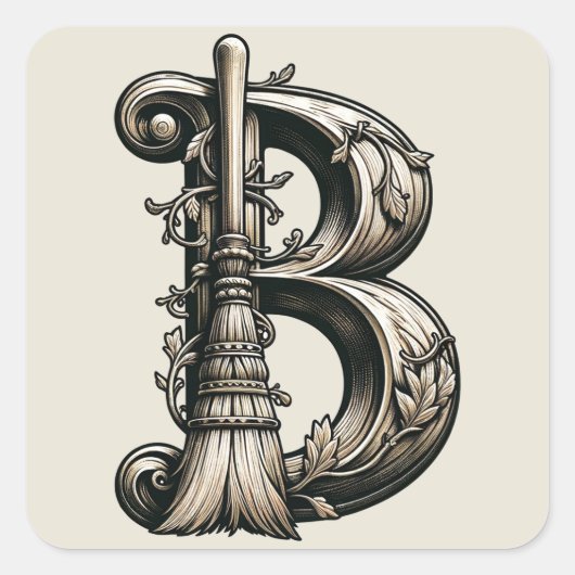 Bad Witch Witchy Broom Letter B Custom Initiaal Vierkante Sticker (Voorkant)