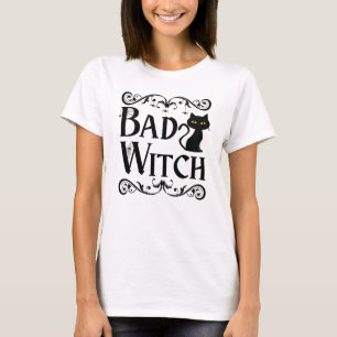 Bad Witch Zwart Kat Zwart en Wit Halloween T-shirt