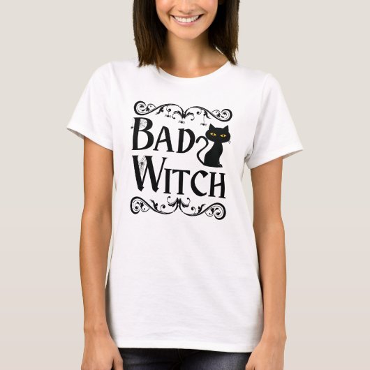 Bad Witch Zwart Kat Zwart en Wit Halloween T-shirt (Voorkant)