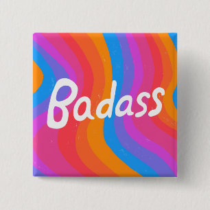 BADASS Colorful Fun Cool Handlettering Vierkante Button 5,1 Cm