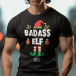 Badass elf-familie voor kerstmis met naam t-shirt<br><div class="desc">Met dit leuke Badass-T-shirt dat deel uitmaakt van een bijpassend collectie voor huiseigenaars met cadeaus voor een familielid, ga je de feestdagen in. Dit t-shirt is perfect voor elke kerstgezinshereniging en heeft een schattig pet en leuke poten met de titel "Badass elf" in een wit modern, modern lettertype met alle...</div>