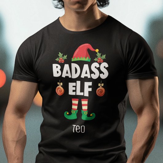 Badass elf-familie voor kerstmis met naam t-shirt