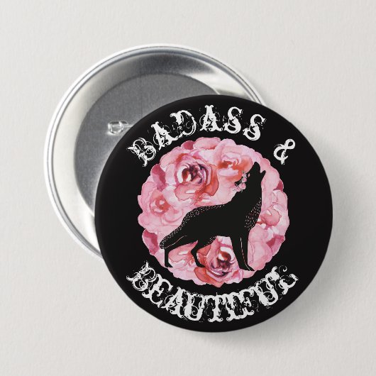 Badass en Beauful Wolf en Rozen Black Button (Voorkant /achterkant)