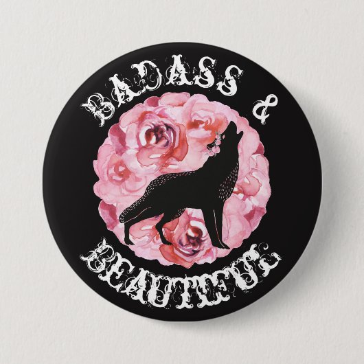 Badass en Beauful Wolf en Rozen Black Button (Voorkant)