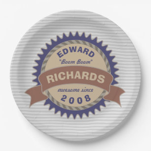 Badge Banner Monogram Bruin Blauwe Logo Gray Strip Papieren Bordje