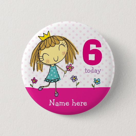 BADGE & Birthday Pink Princess any age & name Ronde Button 5,7 Cm (Voorkant)