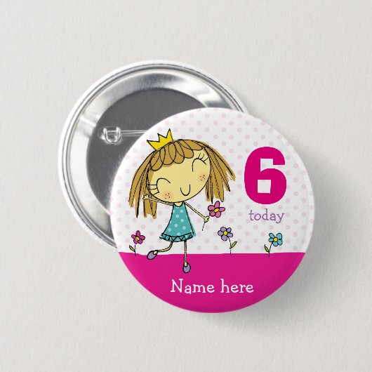 BADGE & Birthday Pink Princess any age & name Ronde Button 5,7 Cm (Voorkant /achterkant)
