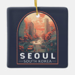 badge in Seoul South Korea Illustration Art Keramisch Ornament<br><div class="desc">Een naadloos illustratieontwerp met een manga-kunststijl. Seoul,  de hoofdstad van Zuid-Korea,  is een enorme metropool waar moderne wolkenkrabbers,  hightech-onderverdelingen en pop-cultuur boeddhistische tempels,  paleizen en straatmarkten ontmoeten.</div>