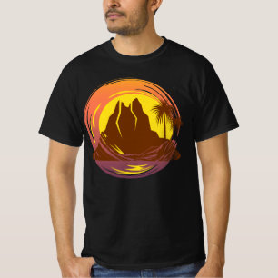 Badge met tropisch vulkaanlandschap en palmbomen t-shirt