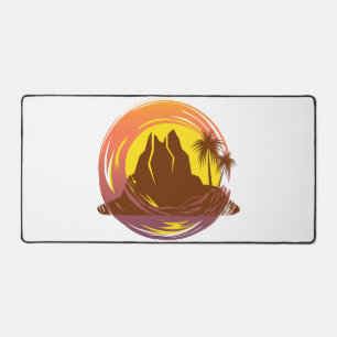 Badge met tropische vulkaan landschap en palmbomen bureaumat
