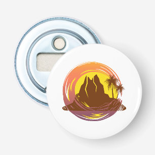 Badge met tropische vulkaan landschap en palmbomen button flesopener