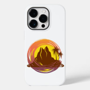 Badge met tropische vulkaan landschap en palmbomen Case-Mate iPhone 14 pro hoesje