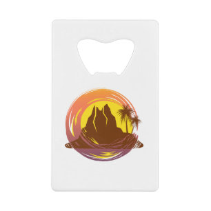 Badge met tropische vulkaan landschap en palmbomen creditkaart flessenopener