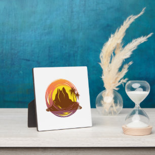 Badge met tropische vulkaan landschap en palmbomen fotoplaat