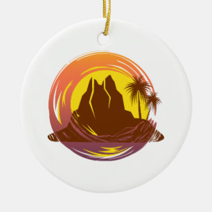 Badge met tropische vulkaan landschap en palmbomen keramisch ornament