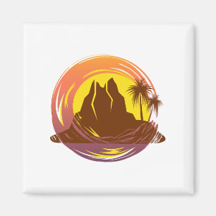 Badge met tropische vulkaan landschap en palmbomen magneet