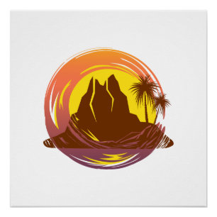 Badge met tropische vulkaan landschap en palmbomen perfect poster