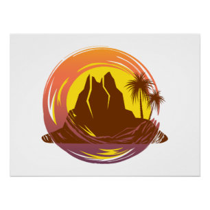 Badge met tropische vulkaan landschap en palmbomen perfect poster
