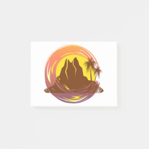 Badge met tropische vulkaan landschap en palmbomen post-it® notes