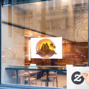 Badge met tropische vulkaan landschap en palmbomen raamsticker