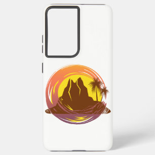 Badge met tropische vulkaan landschap en palmbomen samsung galaxy hoesje