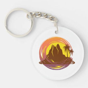 Badge met tropische vulkaan landschap en palmbomen sleutelhanger