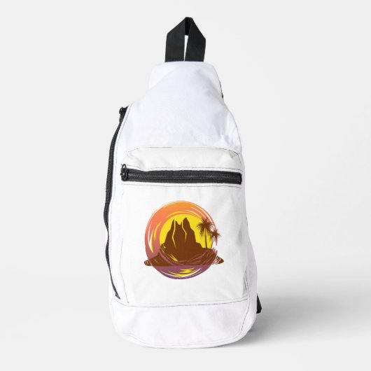 Badge met tropische vulkaan landschap en palmbomen sling bag (Voorkant)