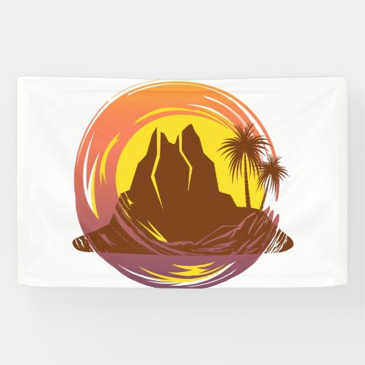 Badge met tropische vulkaan landschap en palmbomen spandoek (Horizontaal)