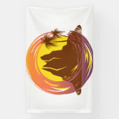 Badge met tropische vulkaan landschap en palmbomen spandoek (Verticaal)