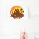 Badge met tropische vulkaan landschap en palmbomen spandoek (Insitu)