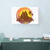 Badge met tropische vulkaan landschap en palmbomen spandoek (Beurs)