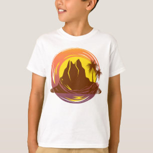 Badge met tropische vulkaan landschap en palmbomen t-shirt