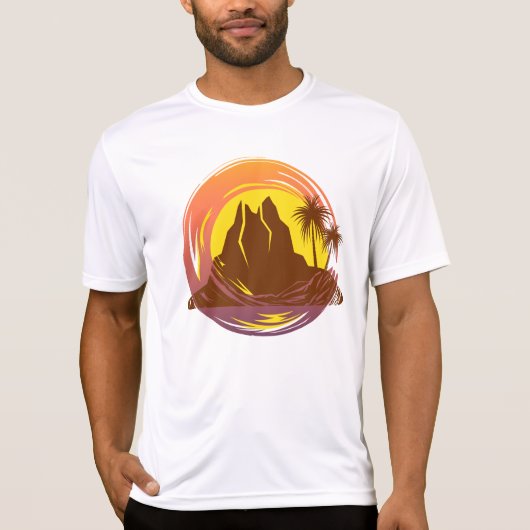 Badge met tropische vulkaan landschap en palmbomen t-shirt (Voorkant)
